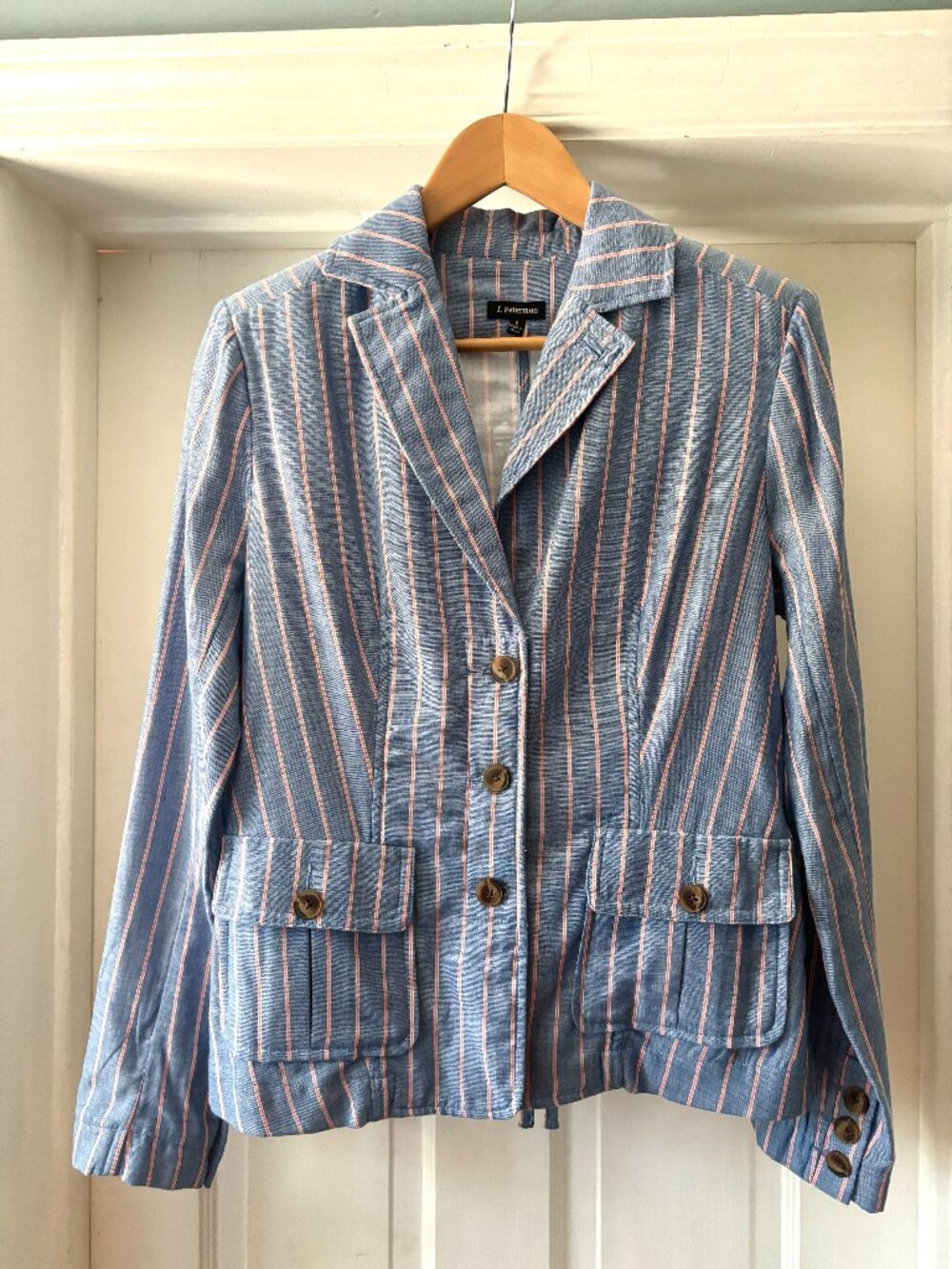 J. Peterman Blue Pink Pinstripe Cotton Blazer Jacket Size 2 NWT